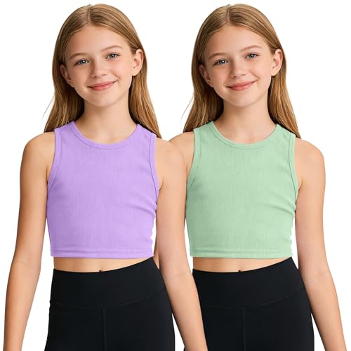 Image of Auranso Girls Tank Tops 2 Pack Ribbed Knit Sleeveless Crop Tops for Kids