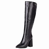 Cocey Women's Pointed Toe Knee High Boots with High Chunky Heel