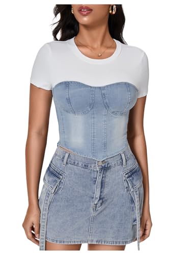 T-shirt d'été décontracté avec manches courtes et denim patchwork