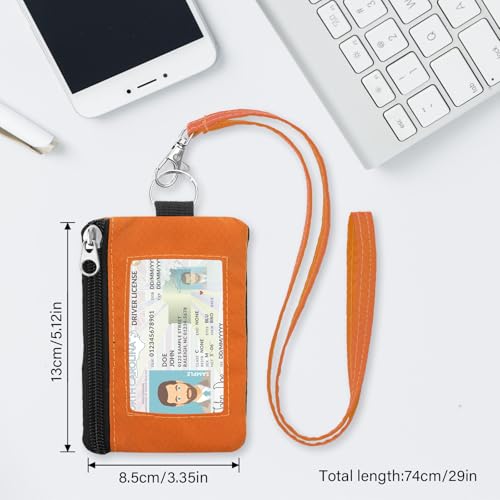 Image of Minimalist RFID Wallet with Lanyard, Multi-Functional ID Case with 2 Zipper Pockets and Key Chain for Men and Women, Tactical Badge Pouch Cards Holder, Coin Purse for Travel Sports - Orange
