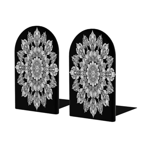 (2 PCS/1 Pairs) Wood Bookends Bohemian Mandala Decorative Wood Bookends for Student School Shelves Kids Room Desk Home Office Book Stoppers for Holiding Books 5x3 Inch-1