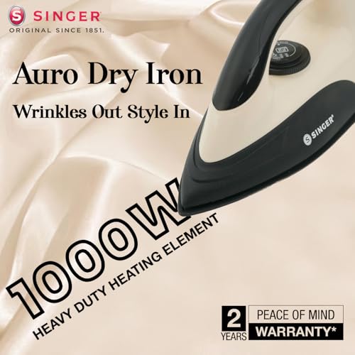 Image of SINGER Auro 1000 Watts Dry Iron | Bigger Sole Plate for Faster Ironing | Uniform Heating with U Shaped Element | Adjustable Temperature Control | 2 Year warranty | Beige-Black