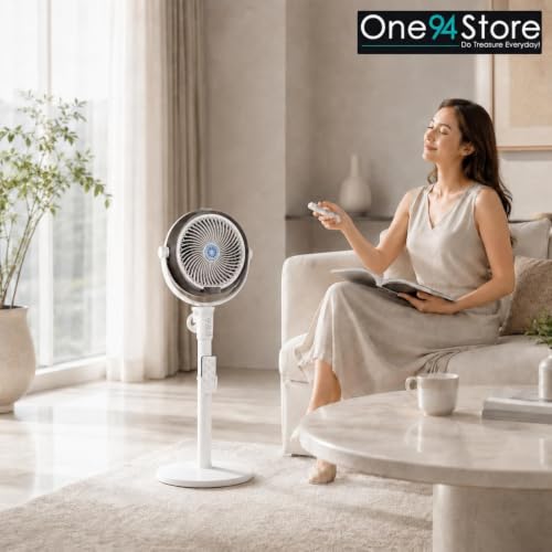 Image of One94Store Humidification Floor Fan, Portable USB & Battery Operated Rechargeable Mist Fan with Smart Remote Control, 4000mAh Battery, 4 Speed Modes, 150 Swing, Up to 2H Runtime White