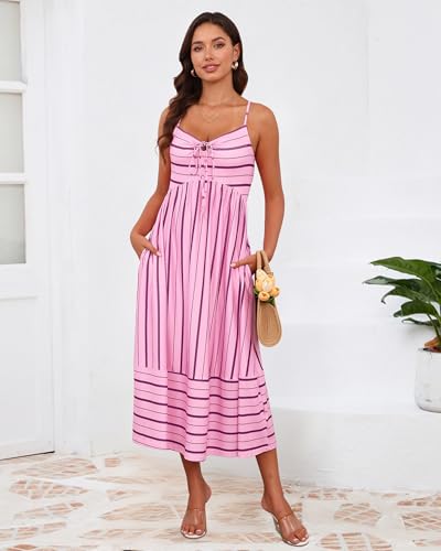Image of Fashionme Womens Summer Maxi Dresses 2026 Trendy Striped Vacation Boho Beach Spaghetti Strap Sundress Back Tie with Pockets