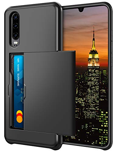 Coolden for Huawei P30 Case Wallet Case Armor Shockproof Protective Case Heavy Duty Rubber Bumper Card Holder Slot Wallet Case Cover for Huawei P30 Phone Case (Black)
