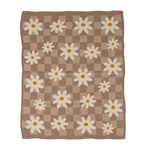 Image of Creative Co-Op Cotton Knit Baby Blanket with Daisies and Check Pattern, Multicolor