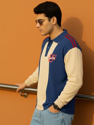Image of Veirdo Men's Loopknit Cotton Oversized Baggy Fit | Full Sleeve Polo T-Shirt | Casual Streetwear with Ribbed Cuffs Travel | Sizes: S to XXL