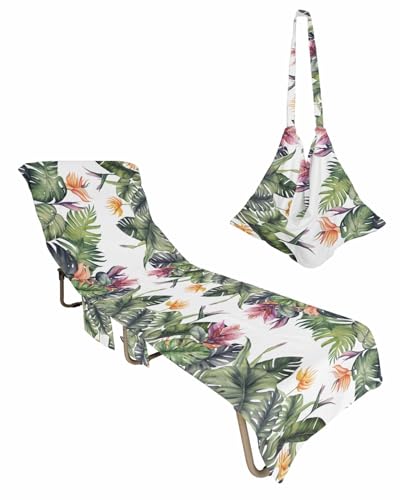 Palm Leaves Beach Chair Cover with Side Pockets, Microfiber & Quick Dry Pool Chaise Lounge Chair Towels Covers for Sun Sunbathing Patio Garden Hotel, Tropical Summer Beach Watercolor Green White