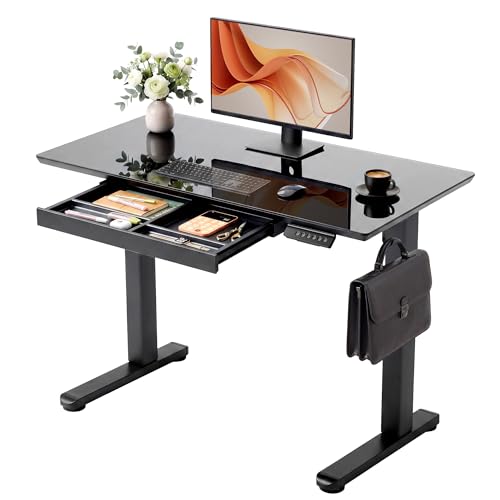 Image of YDN Glass Standing Desk with Drawer, 40 x 24 Inches Electric Adjustable Height Desk, Sit Stand Home Office Desk with Tempered Glass Top, 4 Memory Presets Ergonomic Computer Desk, Black