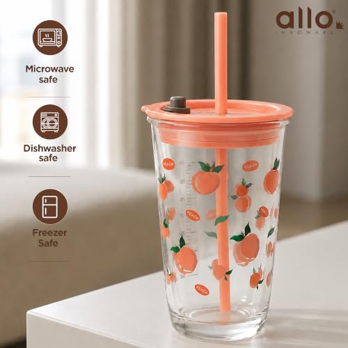 Image of Allo Reusable Glass Mug Sipper Tumbler with Straw, Unique 2 in 1 ANTI Spill Lid | Microwave Safe Leakproof Glass with Anti-Slip Grip for Hot & Cold Coffee| Car, Office, Travel use | 450ml (Pink Peach)