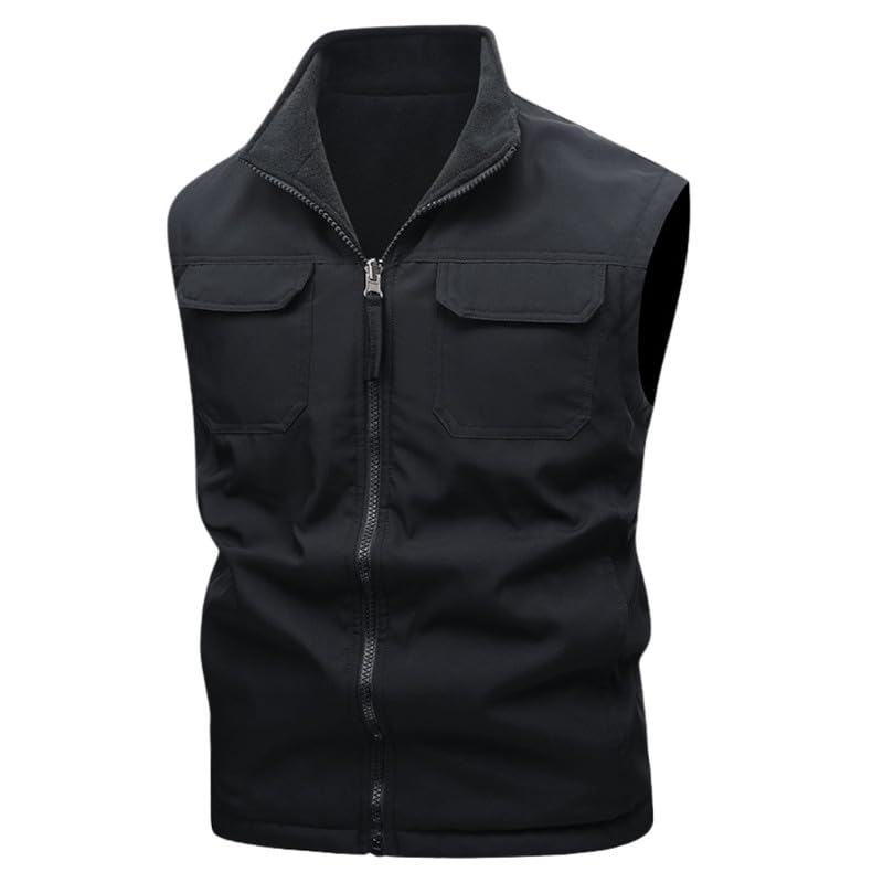 Double Sided Men's Outdoor Sleeveless Jacket with Stand Collar and Multi Pockets