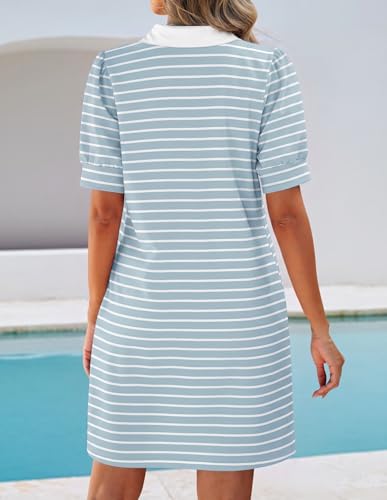 Image of ZESICA Womens Summer Striped T Shirt Mini Dresses 2026 Casual Lapel V Neck Short Sleeve Flowy A Line Beach Vacation Dress