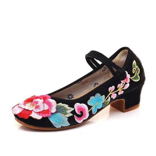 Escarpins Cheongsam confortables à talon carré et broderies fleurs