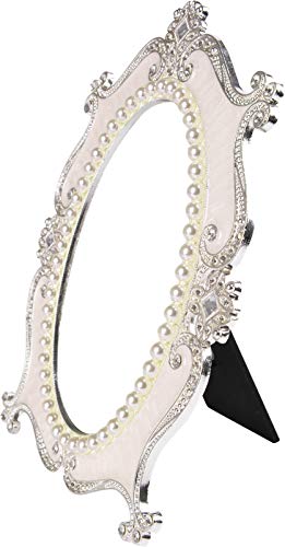 Nerien Makeup Mirror Rotation Tabletop Vanity Mirror Cosmetic Desktop Mirror With Stand Pearl Floral Frame Metal Vintage Oval Mirrors Desk Countertop Dressing For Home Bedroom Decorative White-S #TOP1