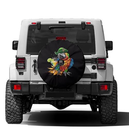 Image of Tropical Parrot Macaw with Sunglass Spare Tire Cover with Backup Camera Hole Wheel Tire Cover Fit Trailer, RV, SUV and Many Vehicle 17inch
