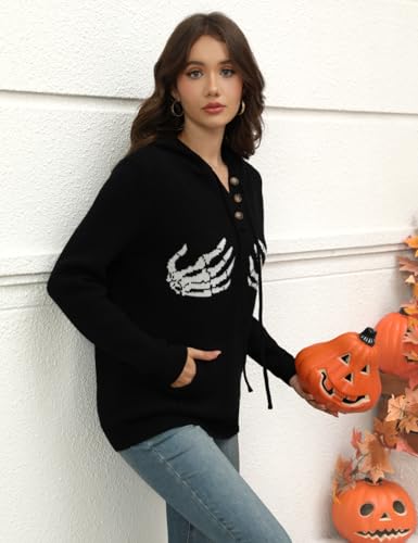 Image of CiCiBird Women Fun Halloween Hoodies Boobs Skeleton Hand Sweater Fall Fashion Pullover with Pockets Black Hand S