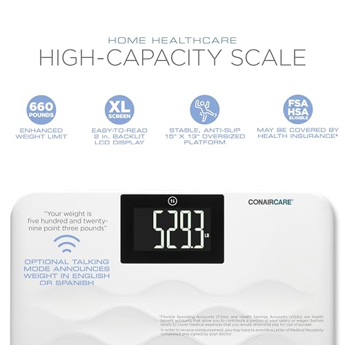 Image of Conair Bathroom Scale for Body Weight, FSA /HSA Eligible High-Capacity Talking Bathroom Scale in both English and Spanish - 660 lb. Enhanced Weight Limit with XL Backlit LCD Display, Anti-Slip Platform