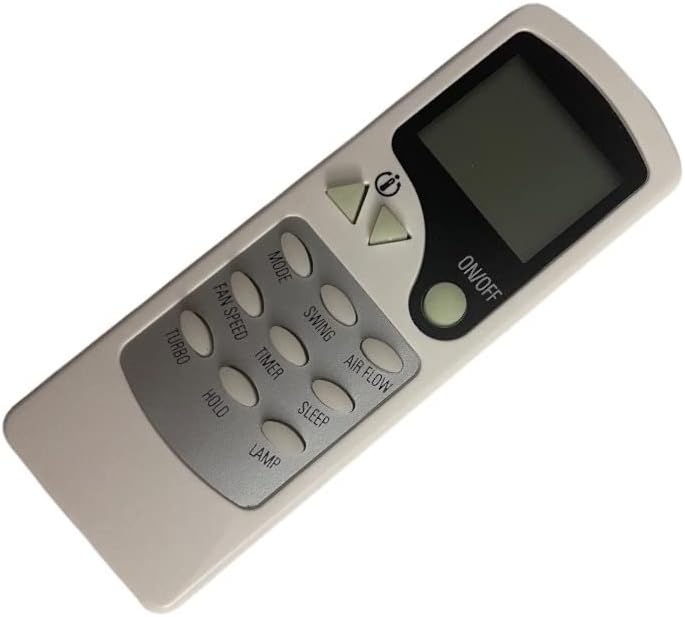 Front view of the remote control with various buttons and an LCD screen.