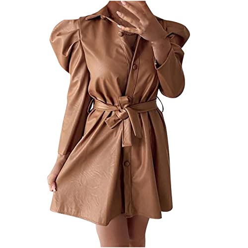 InKach Women Faux Leather Trench Coat with Belted, Long Sleeve Button Front Casual Lapel Jackets Shirt Dresses Khaki