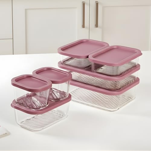 Image of Femora Borosilicate Glass Food Storage Containers with Lids Set of 7 (310ml x2, 520ml x2, 750ml, 1200ml, 1700ml) | Rectangular, Airtight & Leakproof | Microwave & Dishwasher Safe | Maroon