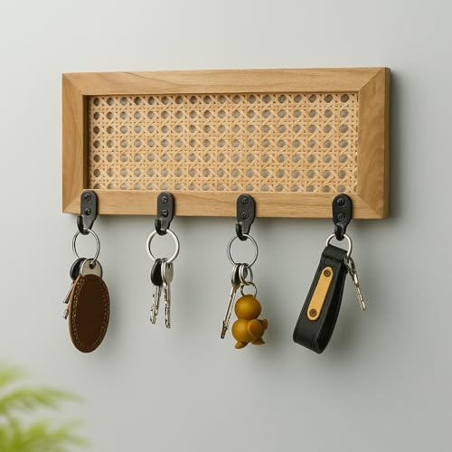 Image of Ikari Homes Handmade Rattan Key Holder for Wall - Solid Wood & Cane Key Hanger Rack, Boho Wall Mounted Key Organizer for Entryway, Living Room, Bedroom & Home Decor