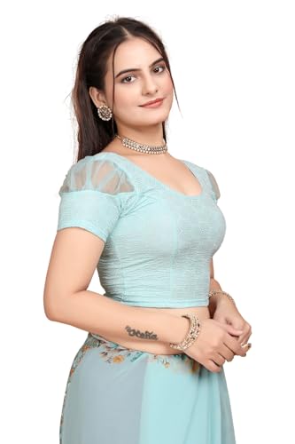 Image of SFT Women's Organza Patch Readymade Saree Blouse with Round Neck Half Sleeves Abstract Pattern Pull On Closure Regular Fit and Standard Length