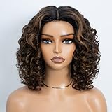 Style Icon Short Water Wave Wigs Human Hair 12 inch Black with Brown Highlight Curly Bob Wigs Glueless Wear and Go Wig for Black Women Middle Part Lace 200% Density