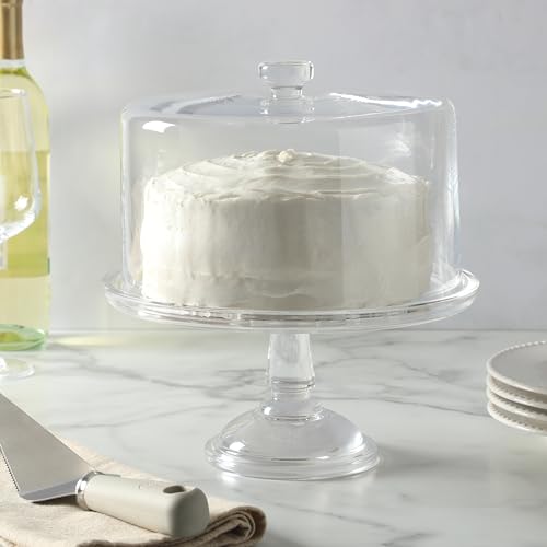 Image of Martha Stewart Watercrest Glass Cake Stand with Dome, 10.2 Inch Clear Footed Pedestal Cake Stand with Glass Lid Cover, Handmade Glassware for Cakes and Desserts