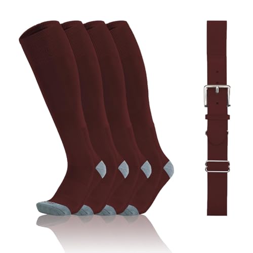 QBK Toddler Baseball Socks And Belt Youth Softball Tee Ball Combo Set for Boy Girl (2 Pairs of Socks & 1 Belt) Maroon 14-16Y