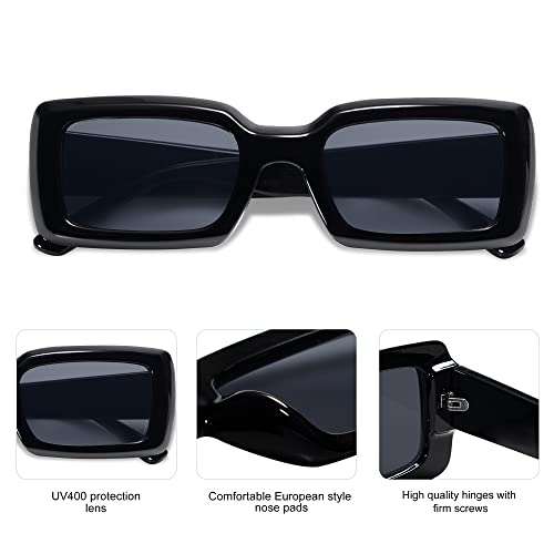 Allarallvr 2 Pack Trendy Rectangle Sunglasses For Women Men Vintage 90'S Square Shades Thick Frame Nude Sunnies Ar82002 With Black+Blue #TOP3
