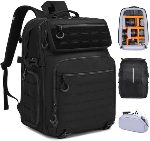 FRETHIND Sac à dos étanche pour appareil photo reflex numérique Canon Nikon Sony drone, objectif, ordinateur portable - Avec housse de pluie, Noir