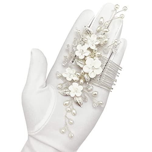 Prettylife Flower Bridal Hair Vine Pieces With Comb Pearl Floral Rhinestone Leaf White Wedding Hair Pin Accessories For Women And Girls thumb #6