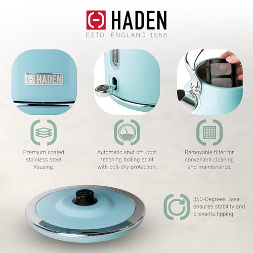 Haden-Heritage-4-Slice-Wide-Slot-Stainless-Steel-Body-Retro-Toaster-and-Heritage-17-Liter-Stainless-Steel-Body-Retro-Electric-Kettle-Turquoise Haden Heritage 4 Slice Wide Slot Stainless Steel Body Retro Toaster and Heritage 17 Liter Stainless Steel Body Retro Electric Kettle Turquoise