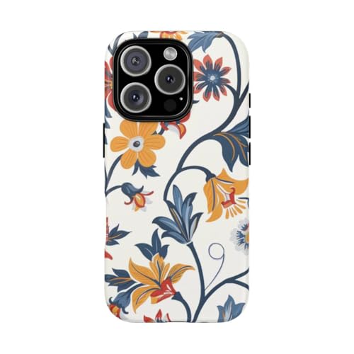 Coque iPhone 16 Pro motif floral rétro bleu rouge jaune rigide mate
