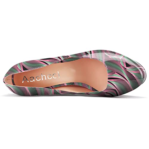 Aachcol Women Platform Chunky Block High Heel Pumps Round Toe Slip-on Dress Shoes Party Wedding Patent 5 Inch4