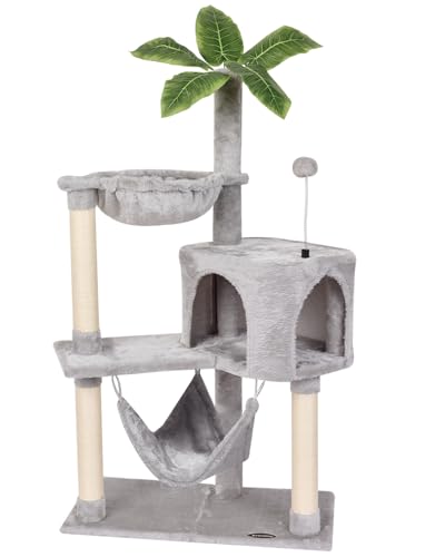 KIYUMI Cat Tree Cat Tower Condo with Sisal Scratching Post for Indoor Cats Tree Furniture with Hammock Perch and Kitten Ball Toys, Multi-Level Pet Activity Center (Grey)
