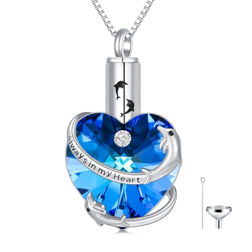 WINNICACA Cremation Jewelry Moon and Stars/Dolphin/Hummingbird Urn Necklace Sterling Silver Heart Crystal Pendant for Ashes Keepsake Memorial Cremation Jewelry Gift for Woman Men
