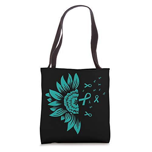 Bolsa tote de tela con cinta de concienciación sobre el cáncer de ovario en color verde azulado y diseño de girasol miniatura 1