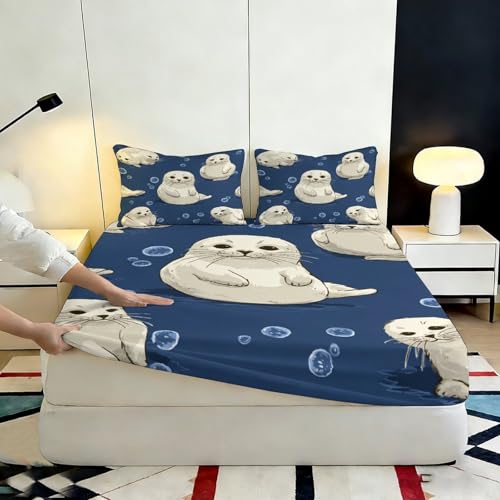 Drap housse phoque 3D imprimé microfibre lavable grande profondeur - 7