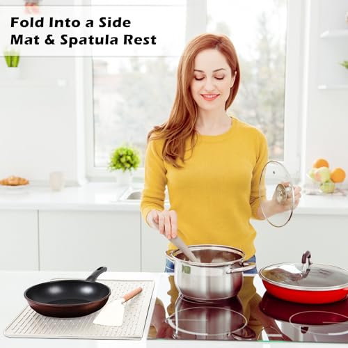 Image of Foldable Silicone Stove Top Cover - 20 inchx28 inch Stove Top Covers for Electric Stove, Glass Top Stove Cover, RV Stove Top Cover & Dish Drying Mat (Cream, 28''x20'')