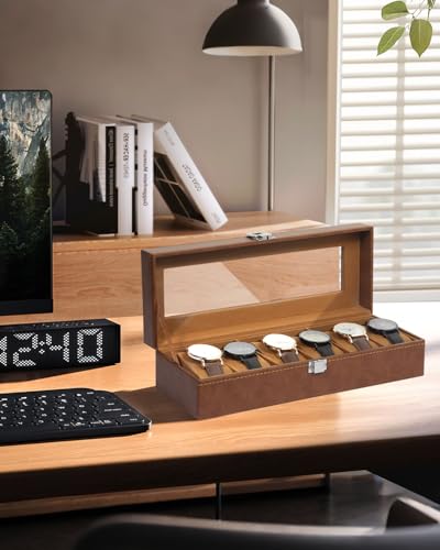 Image of Uten 6 Slots Watch Box, PU Leather Watch Case with Glass Lid, Watch Holder Organizer with Soft Pillow and Velvet Lining, Watch and Jewelry Storage Box, Brown