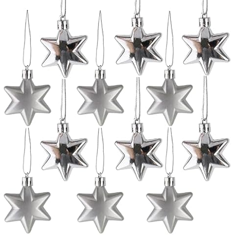 Christmas Ornaments Tree Decorations Ornaments for Tree Silver Star Ornament Sets Xmas Tree Decor Bulk Christmas Baubles Holiday Season Home Indoor Decoration 6cm 12 Pack Winter Hanging Decorative Cover