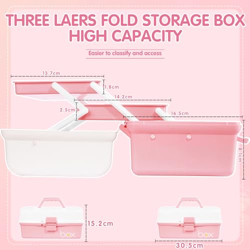 Creahaus 12in 3 Layer Multipurpose Storage Box/Craft Storage Boxes With Compartments/Plastic Tool Box/Medicine Storage Box/Hair Accessories Organiser/Sewing Box with 2 Trays (Pink White) - Image 2
