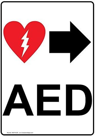 Vertical Aluminum AED [With Right Arrow] Sign, 10 x 7 in. with English Text and Symbol, White