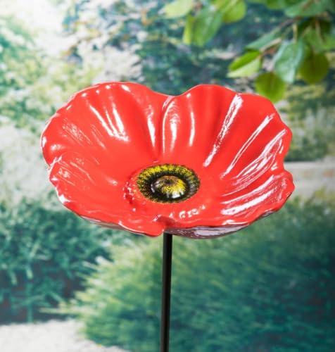 New||Premier Red Poppy Flower Bird Feeder and Bird Bath on Metal Stake, Glazed Ceramic|| 75 x 15 x 15cm||Perfect 4 Garden Birds||