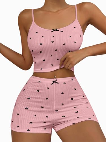 Image of Hilinker Womens Graphic 2 Piece Pajama Set Summer Cute Crop Cami and Shorts Ribbed Lounge Sets