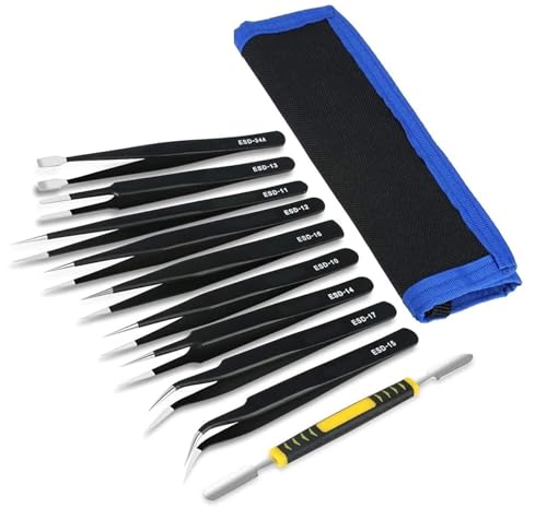 Image of Corslet 10 Pcs Anti-Static Stainless Steel Precision Esd Tweezers Set for Craft, Jewelry, Electronics, Soldering, Repair Work with Storage Bag (TWEEZER SET 10 PCS)