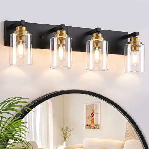 Image of Black and Gold Bathroom Light Fixture, 4 Light Brushed Gold Vanity Light, 27.5 inch Modern Farmhouse Bathroom Lighting Fixtures Over Mirror, with Clear Glass Shade, Vanity Lights for Bedroom Hallway