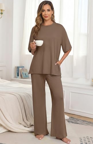 Image of PrinStory Womens Pajamas Sets 2 Piece Lounge Set Short Sleeve Tops and Long Pants Soft Pjs Loungewear with Pockets
