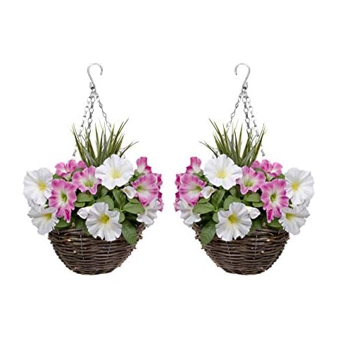 GreenBrokers Hanging Baskets 2X Artificial Round Rattan Pink & White Petunias and Decorative Grasses (Set of 2) Cover